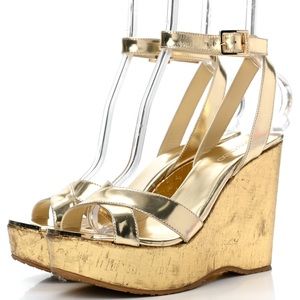Jimmy Choo Papyrus Wedge Gold Cork Leather Sandals